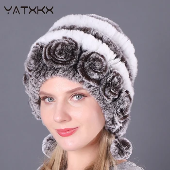 [YaTxKx] Топло Удебелена Кожа шапка от заек Рекс с три Топки, Есенно-Зимна Кръгла Капачка, Тканая Женска Шапка, Вълнена шапка 1