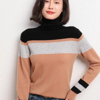 Пролетно-есенен женски Пуловер в корейски стил с цветово съчетание, Ворсовый яка, мека и елегантна зимна основата от 100% вълна, плетени с хеджированием 1