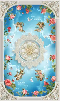 Европейският перлено бял модел небесен ангел розата е великолепна фреска Таван Стенописи Тапети Хол Тапети Начало Декор