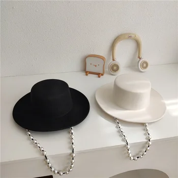 202111-shi нов дизайнерски стил процент перлена лента дама фетровая шапка дамски панама за почивка джаз шапка 1