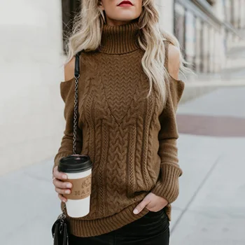 Есенно-зимния пуловер в европейския и американския стил, монофонични Дълъг Пуловер обрат-образна форма с дълги ръкави и висока воротом, пуловер с открити рамене 1