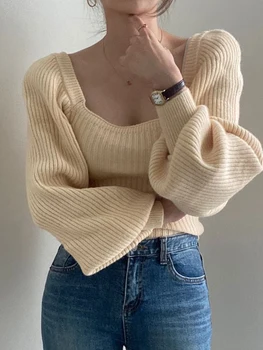 Обикновен вязаный женски пуловер с квадратна яка, пуловер с дълги буйни ръкав, елегантен офис женски ретро тънък есенно-зимна жилетка 1