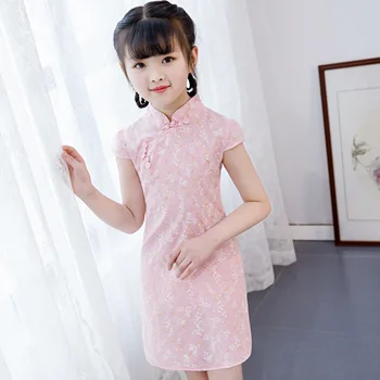 Детско лятно Ципао от памук и лен с цветен модел, рокля Ципао в западен стил за момичета, розов костюм в китайски стил Tang, костюм LB345 1