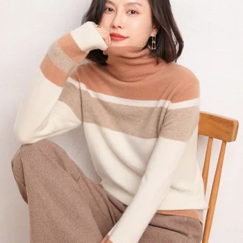 Пролетно-есенен женски Пуловер в корейски стил с цветово съчетание, Ворсовый яка, мека и елегантна зимна основата от 100% вълна, плетени с хеджированием 2