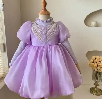 Продажби на дребно, 2022 г., Атласное рокля за Плетене на Феи за най-малките момичета, Детски Елегантна Празнична рокля на Принцеса от 2 до 7 години 2