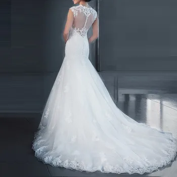 Жена сватбена рокля плюс размер с кръгло деколте от дантела сватбена рокля за младоженци луксозно бельо сватбена рокля на русалка с бродерия по поръчка 2