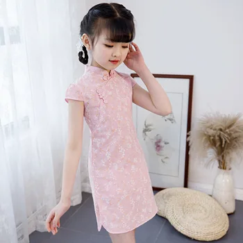 Детско лятно Ципао от памук и лен с цветен модел, рокля Ципао в западен стил за момичета, розов костюм в китайски стил Tang, костюм LB345 2