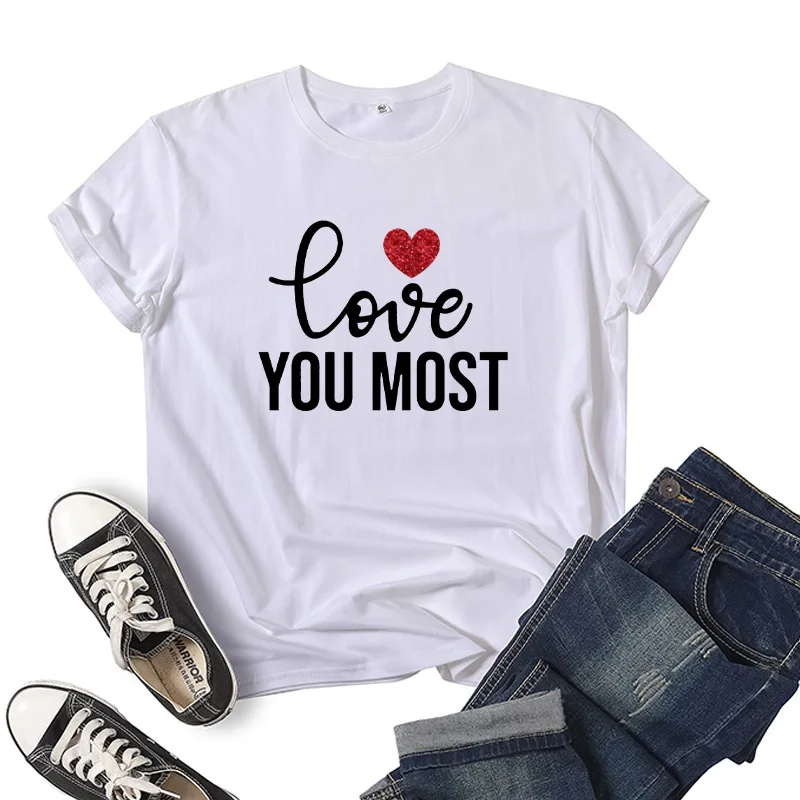 Обичам Те Повече От Всичко Тениска С Принтом Сърцата На Жените С Къс Ръкав И Кръгло Деколте Свободна Тениска Дамски Ежедневни Тениска Върховете Camisetas Mujer Изображение 1