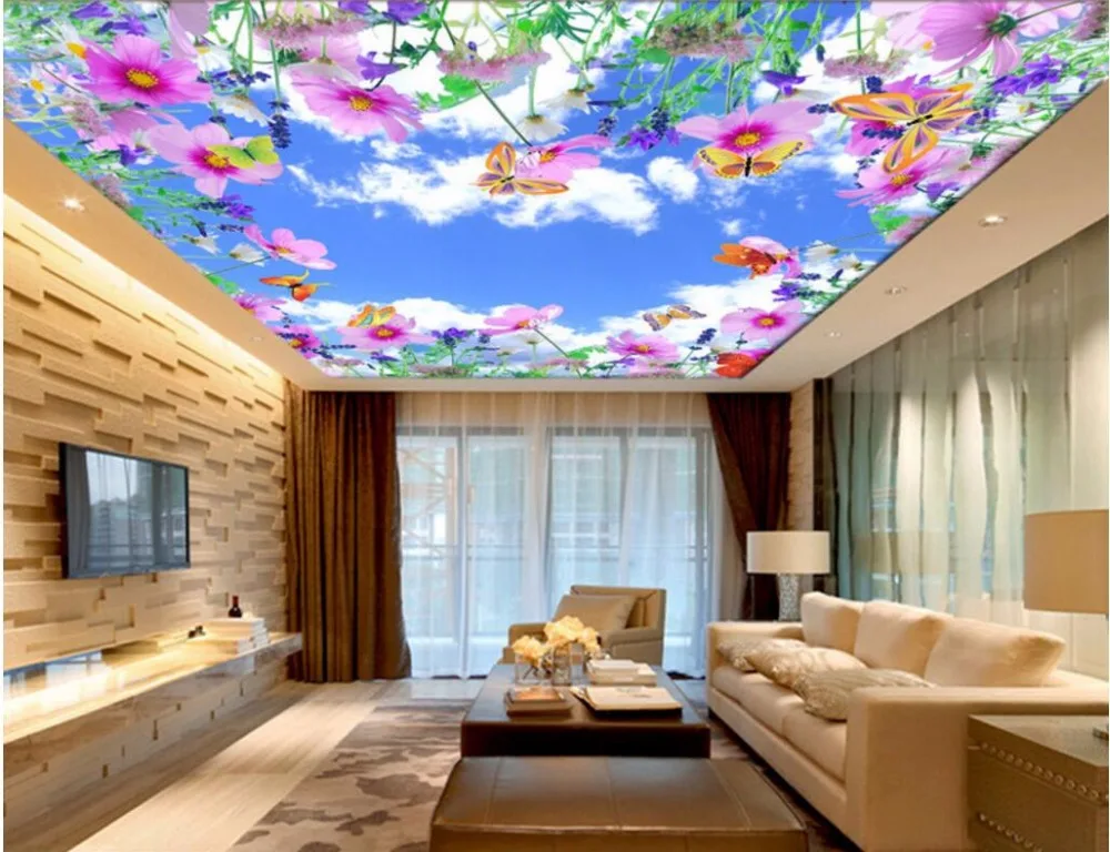 Потребителски снимки на 3d тапети, боядисване синьо небе, цветя, пеперуди великолепна фреска декорация на дома, боядисване на тапети за стени d 3 Изображение 2
