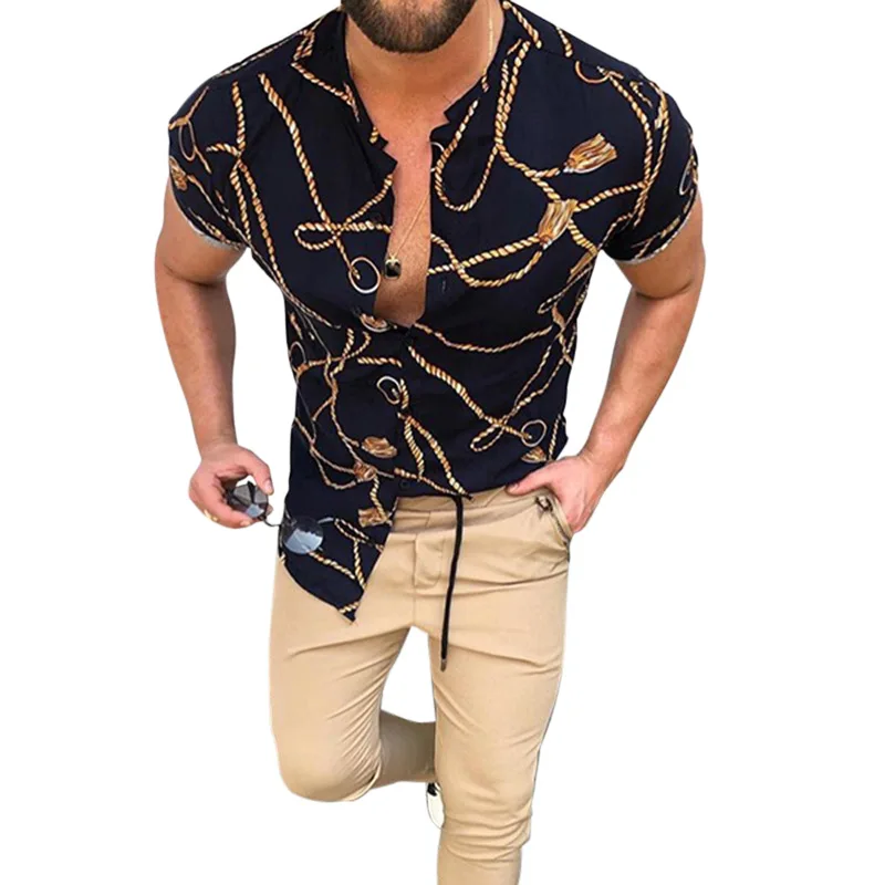 2021 Летни Мъжки Блузи с Принтом в ретро стил С Къси ръкави, Модерен мъжки Ежедневни Ризи с висока яка в национален стил Изображение 3