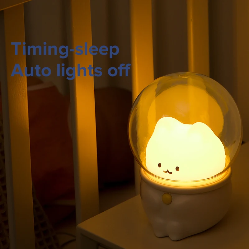 Led нощна светлина Космическа Капсула Сладък Котка и Заек Лампа kawaii За Бебето Детска Спалня Нощни Декор на Светлина Меки Топли Подарък Лампа Изображение 3