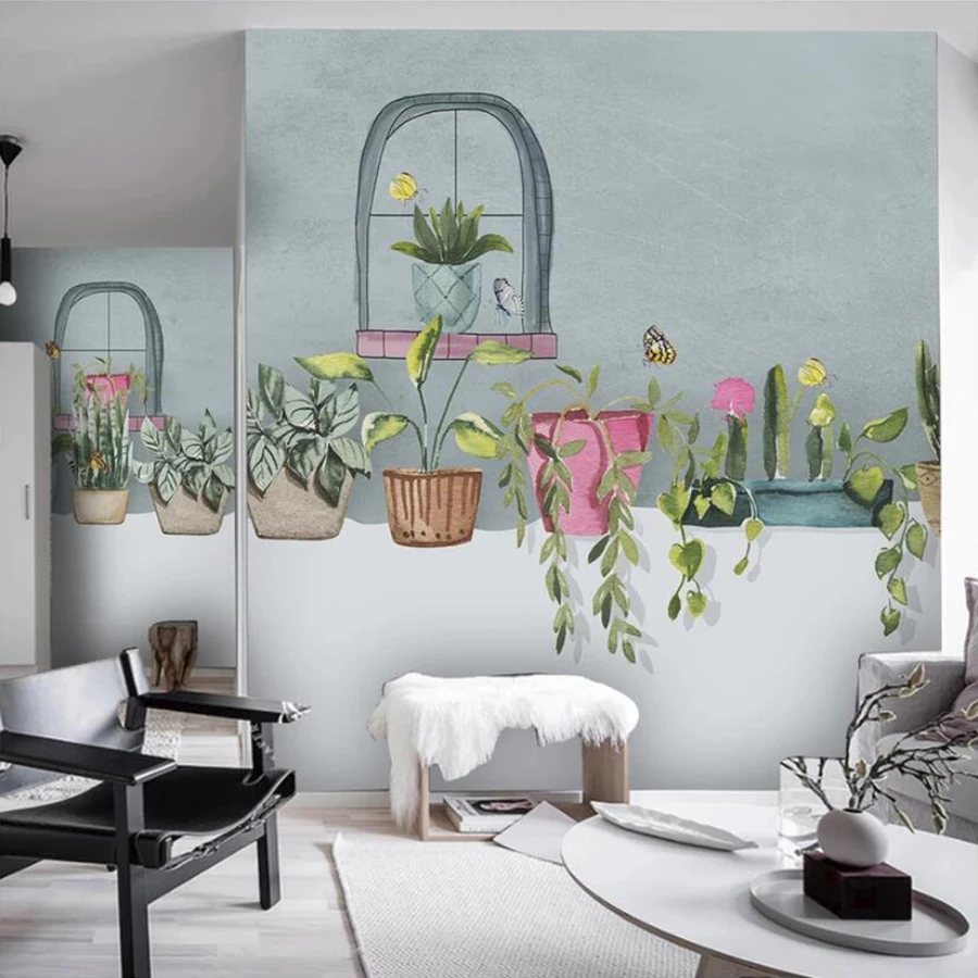 Декоративни тапети Ръчно рисувани малко прясно растение кактус фон рисувани стенни Изображение 3