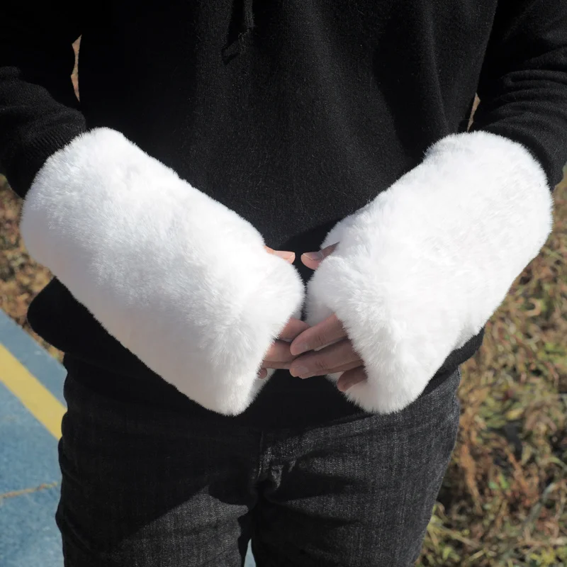 Зайо Дълги Висококачествени Зимни полу-отворена Дебели Ръкавици с Ръкави на Пръст От Изкуствена Корейски Кожа Плюшено Стил Топло Изображение 3