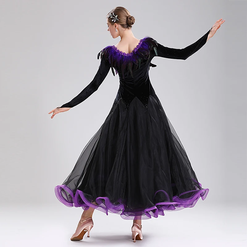 Модерни танцови облекла, дамски благородна национална стандартно облекло за балните танци, костюми за изказвания, социален танц форма с пера MQ291 Изображение 3