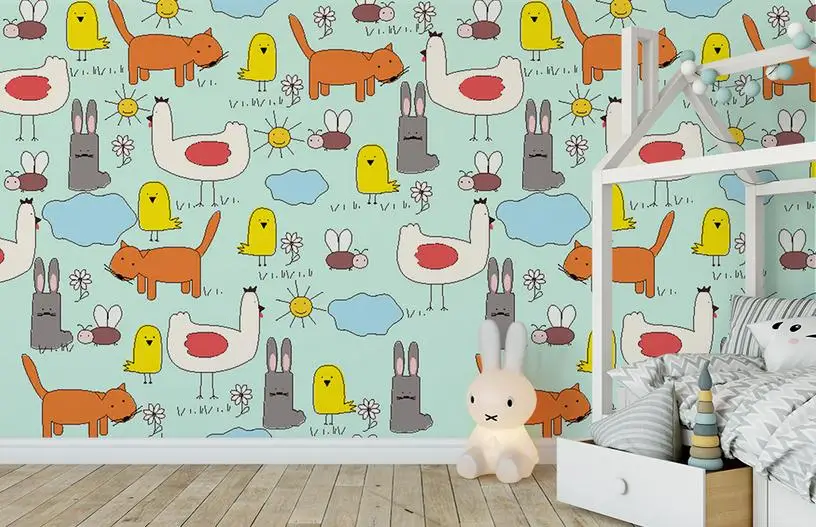 съвременните потребителски 3d снимка боядисване тапети, скандинавски карикатура сладки домашни любимци са рисувани стенни спалня хол тапети за детска стая Изображение 3