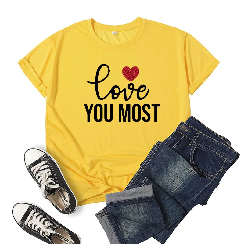 Обичам Те Повече От Всичко Тениска С Принтом Сърцата На Жените С Къс Ръкав И Кръгло Деколте Свободна Тениска Дамски Ежедневни Тениска Върховете Camisetas Mujer Изображение 5