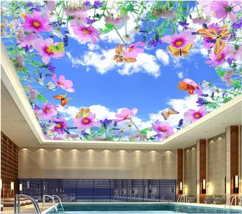 Потребителски снимки на 3d тапети, боядисване синьо небе, цветя, пеперуди великолепна фреска декорация на дома, боядисване на тапети за стени d 3