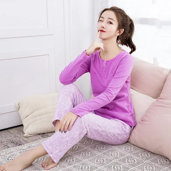 Дамски домашна пижама голям размер, есенно-зимна памучен однотонная пижама с дълги ръкави и штанами, пижамные комплекти от две части, дамски пижами 1