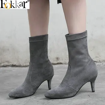 Eokkar/ 2020 г., Дамски обувки до средата на прасците, Дамски обувки, Модни дамски обувки, без закопчалка с остри пръсти на тънък висок ток, пикантни зимни обувки, размер 34-43 1