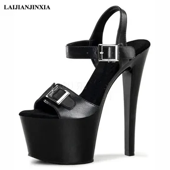 Класически Черни дамски/дамски сандали 17 см, обувки на висок ток, Сандали, сватбени обувки на висок ток, сандали за танци на един стълб 1