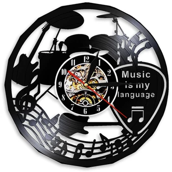 Музиката-езикът ми Вдъхновяваща Цитат Vinyl плоча Стенни часовници Декор за спалня Рок група Китара, Барабани, Издълбани Часовници за запис на Албума 1
