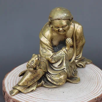 Античен Старата медна статуя на QingDynasty, скулптура Лиу Hai, която свири в жаба, ръчна дърворезба, на най-добрата колекция и украса, безплатна доставка 1