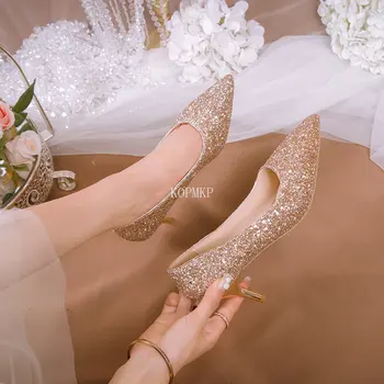 Секси блясък на злато жените помпи високи токчета с остър нос обувки Дамски обувки сватбени обувки-лодка шило за Женски обувки  1