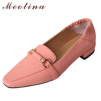 Meotina/женски лоферы; обувки от Естествена Кожа върху плоска подметка; ежедневни Дамски Обувки с Квадратни Пръсти и Веригата; Пролетно Розово-Зелена 40 Крава Кожа 1
