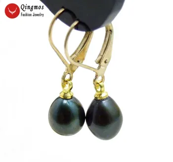 Qingmos Модни Обеци с естествени перли за жени с 7-9 мм и черни перли и златни обеци с висулки, Бижута-ear538 1