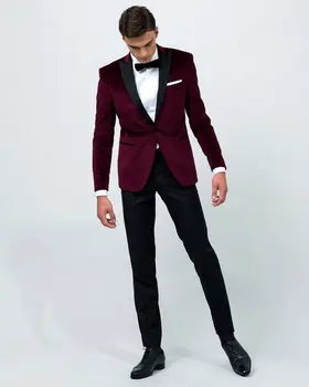Изработена по поръчка Мъжки костюм Оборудвана Смокинг за младоженеца-2 броя, Мъжки Костюми за Сватбени партита, облекло на Булката и младоженеца (Яке + панталон)