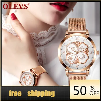 OLEVS дамски часовници прости тънки кварцов часовник водоустойчив модни часовници lucky clover с Диаманти От Розово Злато Часове От Неръждаема Стомана