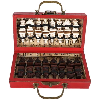 Китайска Дървена Кожена Кутия С 32 Части на Теракота По Шах набор от Развлекателни Шашки Шах Традиционни Игри 1