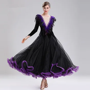 Модерни танцови облекла, дамски благородна национална стандартно облекло за балните танци, костюми за изказвания, социален танц форма с пера MQ291 1
