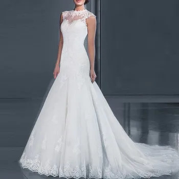 Жена сватбена рокля плюс размер с кръгло деколте от дантела сватбена рокля за младоженци луксозно бельо сватбена рокля на русалка с бродерия по поръчка 1