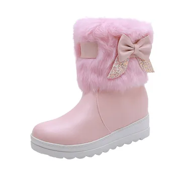 YQBTDL/2021 г., Зимни дамски ботильоны, студентски Плюшени изолирана топли памучни обувки с лък за момичета, Дамски обувки, без закопчалка, Размер 42 1