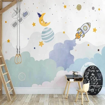 Потребителски 3D Ръчно Рисувана Фреска Космическото Звездното Небе Планета Карикатура на Тапети За Детска Стая и Спалня Начало Декор Тапети Стенопис 2
