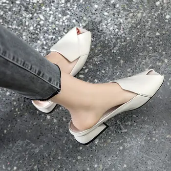 Дамски сандали от мека кожа в Сребърен цвят, Летни Новости за 2022 г., с Отворени Пръсти, на равна подметка, с Рибено Уста, Универсални Модни дамски Чехли на дебелите ток 2