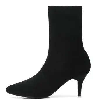 Eokkar/ 2020 г., Дамски обувки до средата на прасците, Дамски обувки, Модни дамски обувки, без закопчалка с остри пръсти на тънък висок ток, пикантни зимни обувки, размер 34-43 2