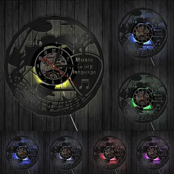 Музиката-езикът ми Вдъхновяваща Цитат Vinyl плоча Стенни часовници Декор за спалня Рок група Китара, Барабани, Издълбани Часовници за запис на Албума 2