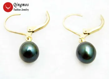 Qingmos Модни Обеци с естествени перли за жени с 7-9 мм и черни перли и златни обеци с висулки, Бижута-ear538 2