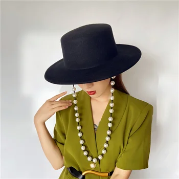 202111-shi нов дизайнерски стил процент перлена лента дама фетровая шапка дамски панама за почивка джаз шапка 2