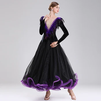 Модерни танцови облекла, дамски благородна национална стандартно облекло за балните танци, костюми за изказвания, социален танц форма с пера MQ291 2