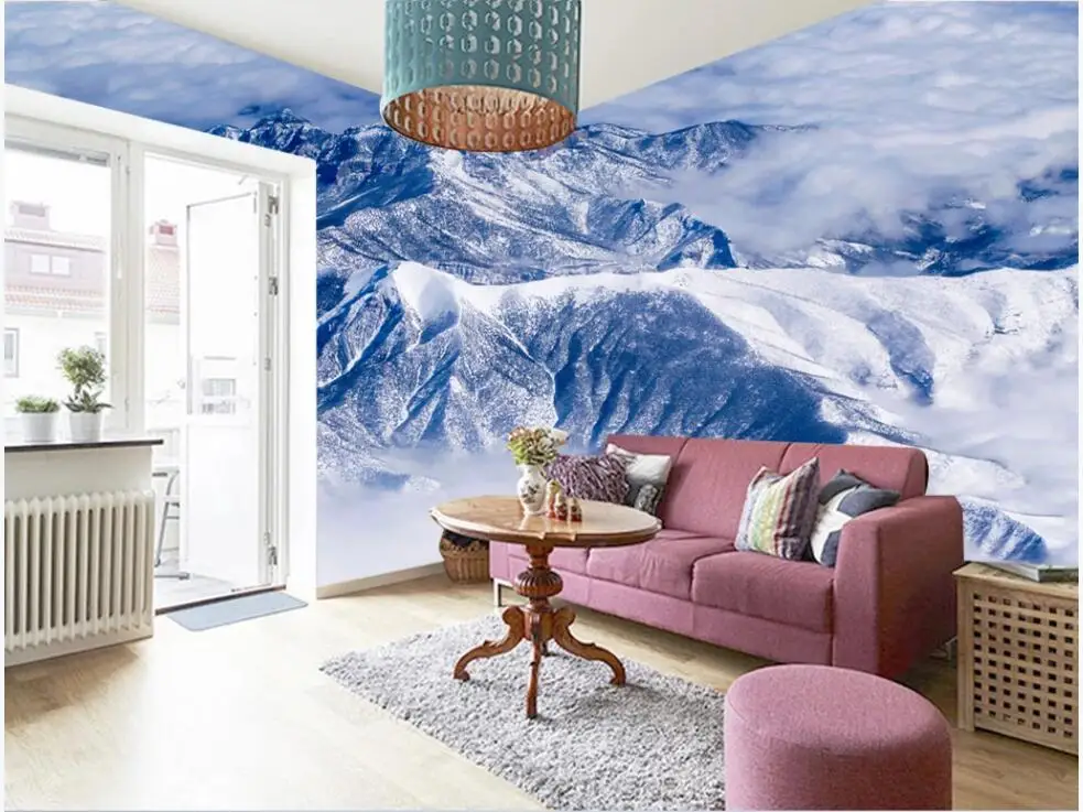 3d стенописи тапети за хола Синята снежна планина далечни планински мастило пейзаж декор снимка тапети за стени d 3 Изображение 1