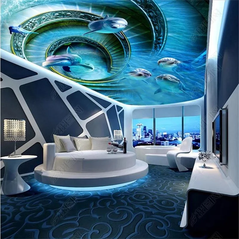 за да персонализирате 3D Таван Тапети делфин за хола спални 3d тапети 3d таван с тапети на стенописите HD Изображение 1