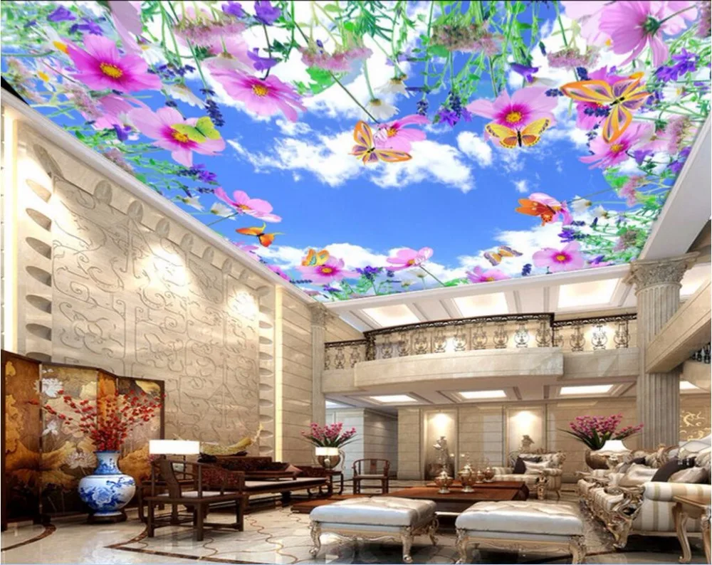 Потребителски снимки на 3d тапети, боядисване синьо небе, цветя, пеперуди великолепна фреска декорация на дома, боядисване на тапети за стени d 3 Изображение 1
