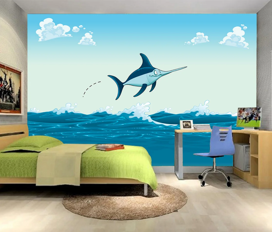 Потребителски фонови картинки делфин вълна стенопис спалня фонова стена 3d тапети muarl wapaper тапети стени, за да 3d Изображение 1