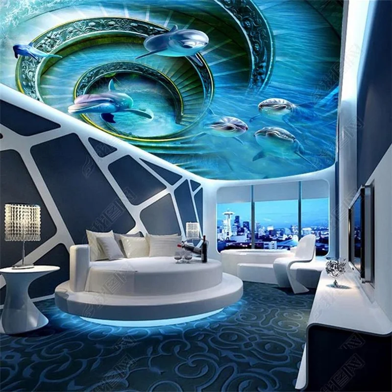 за да персонализирате 3D Таван Тапети делфин за хола спални 3d тапети 3d таван с тапети на стенописите HD Изображение 2