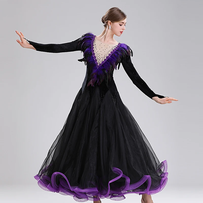 Модерни танцови облекла, дамски благородна национална стандартно облекло за балните танци, костюми за изказвания, социален танц форма с пера MQ291 Изображение 2