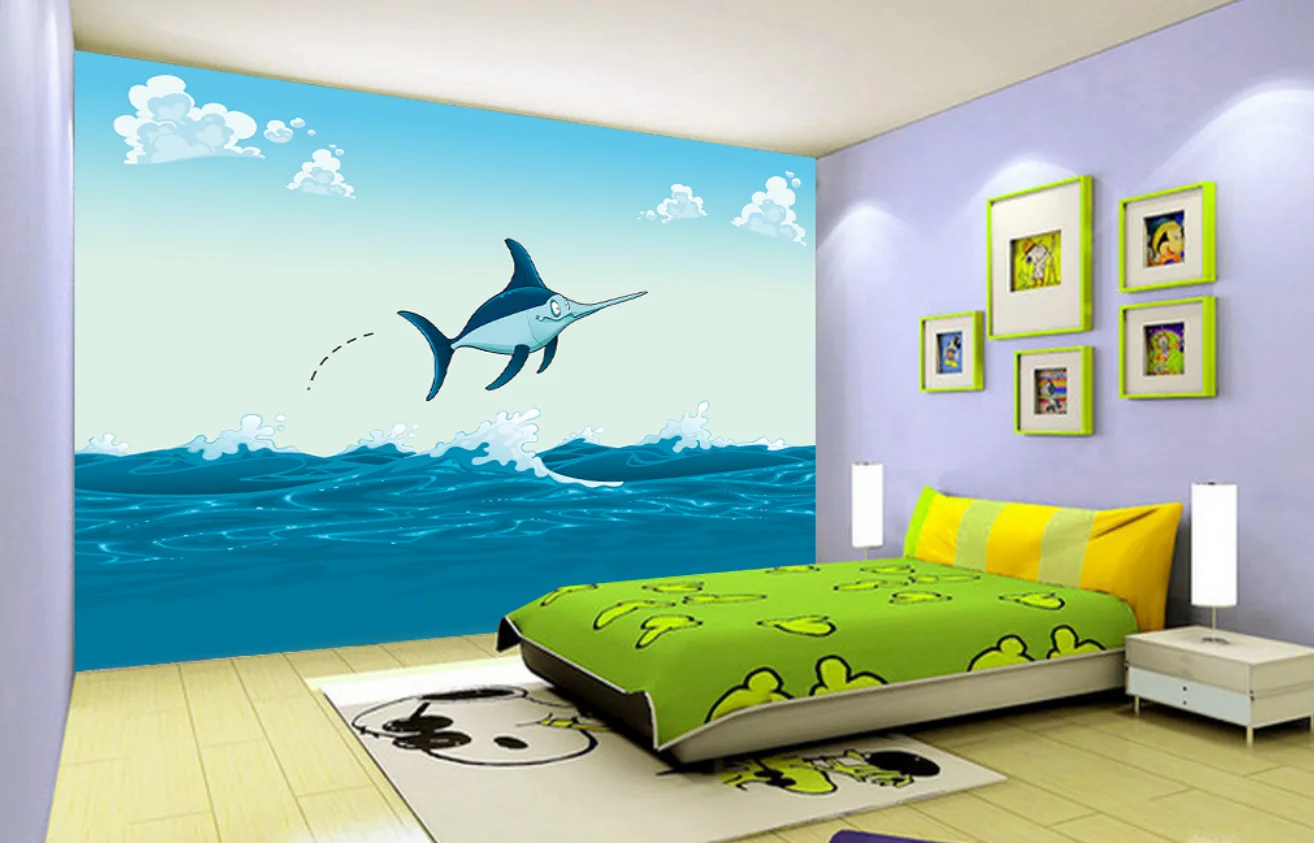Потребителски фонови картинки делфин вълна стенопис спалня фонова стена 3d тапети muarl wapaper тапети стени, за да 3d Изображение 2