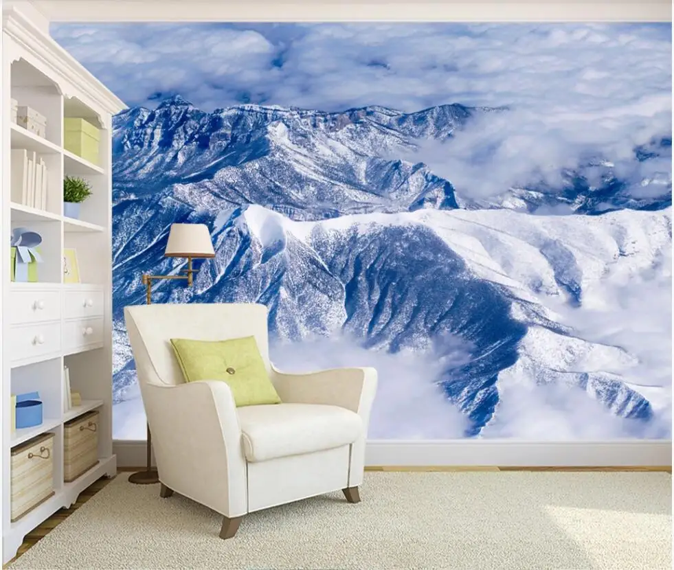 3d стенописи тапети за хола Синята снежна планина далечни планински мастило пейзаж декор снимка тапети за стени d 3 Изображение 3